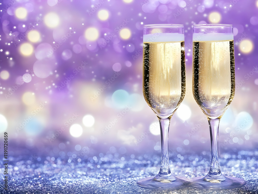 Two Champagne Flutes Sparkle on a Glittering Purple Background with Dreamy Bokeh Lights Two Champagne Flutes Sparkle on a Glittering Purple Background with Dreamy Bokeh Lights