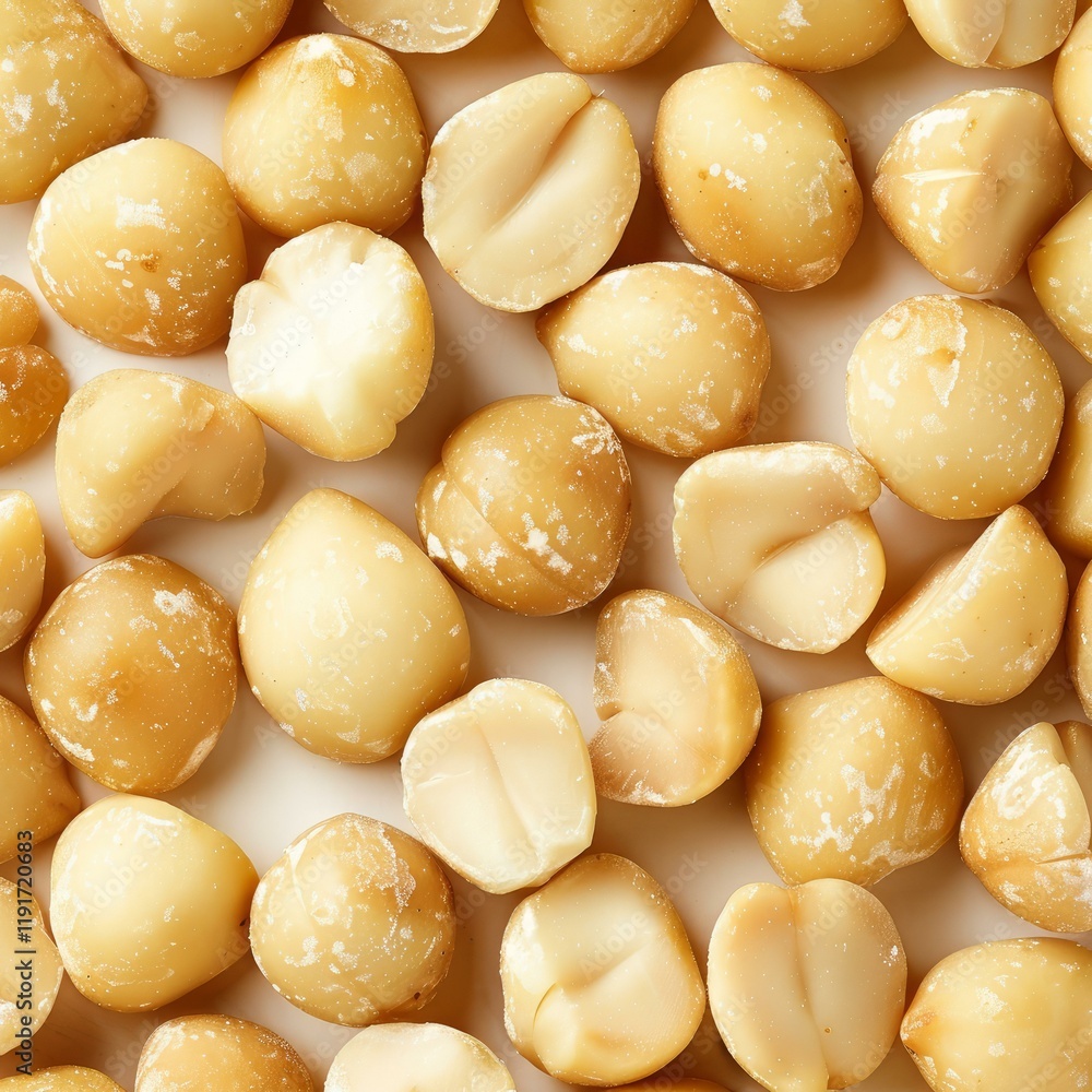Close up of roasted macadamia nuts, showcasing their rich color and texture, ideal for food and health related projects Close up of roasted macadamia nuts, showcasing their rich color and texture, ideal for food and health related projects