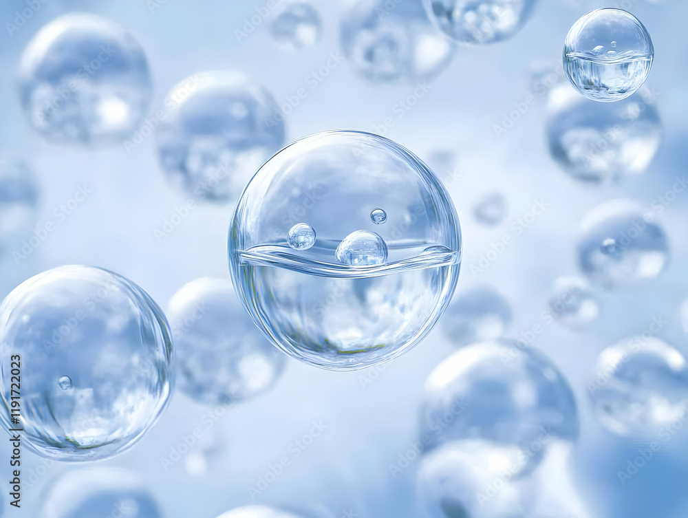 Floating Water-Filled Bubbles: A 3D Render of Transparency and Purity on a Soft Blue Background.