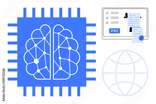 Brain-shaped circuit board, online payment receipt, and globe outline illustrate technological synergy. Ideal for AI, fintech, global trade, digital transactions, secure payments, innovation