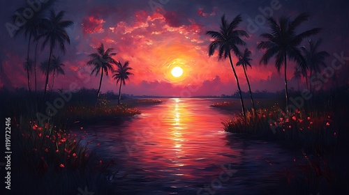 Tropical sunset riverbank, palm trees, fiery sky, peaceful scene, vacation poster