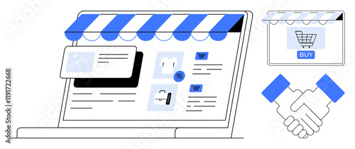 Laptop screen displaying an e-commerce website with shopping elements and blue-toned storefront design. Handshake signifies successful online business transactions. Ideal for online shopping