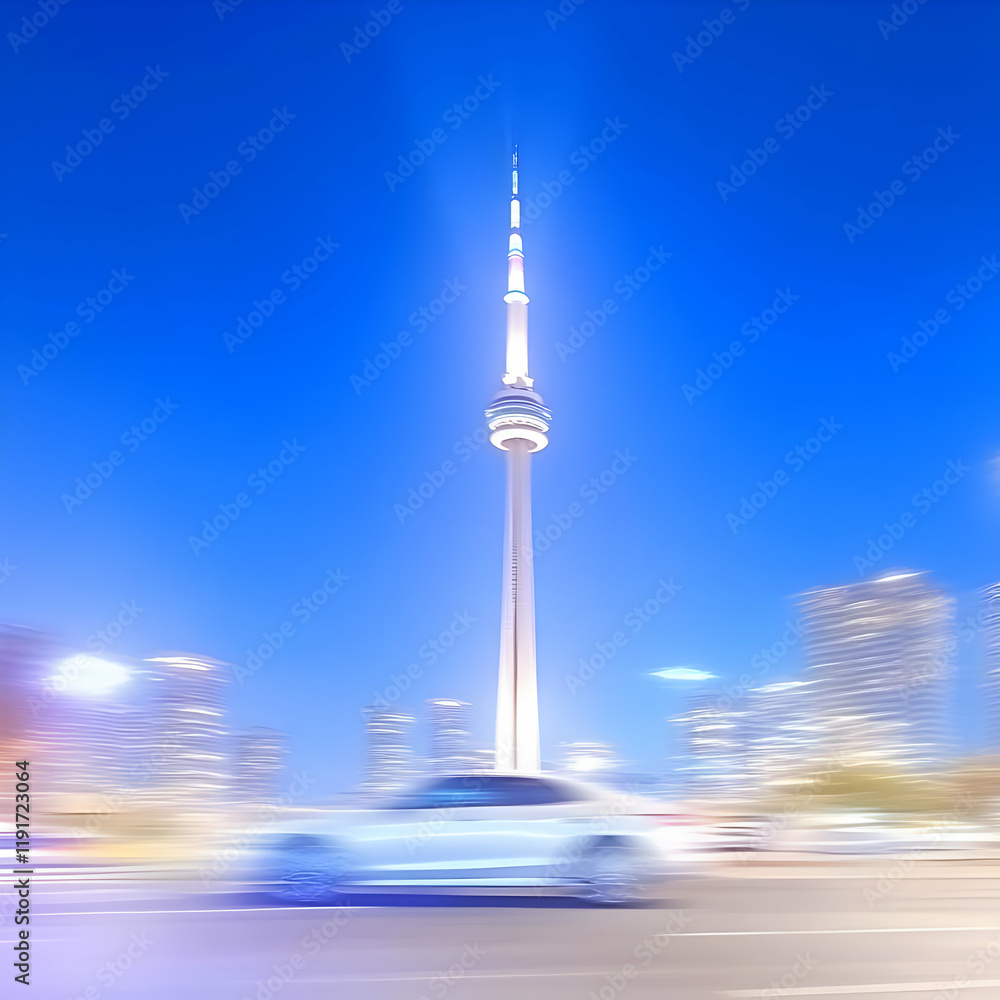 Tower Stands Tall Against a Vibrant Blue Sky with Blurry Cityscape and Passing Car Below at Dusk Tower Stands Tall Against a Vibrant Blue Sky with Blurry Cityscape and Passing Car Below at Dusk