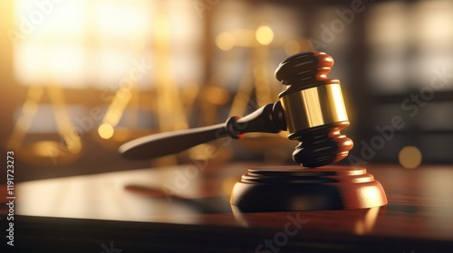 A closeup of a judges gavel resting on a wooden surface, symbolizing justice and authority in the courtroom. photo