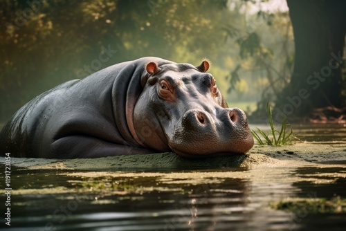 Large hippopotamus resting in shallow water surrounded by green vegetation, enjoying a peaceful moment in its natural habitat photo