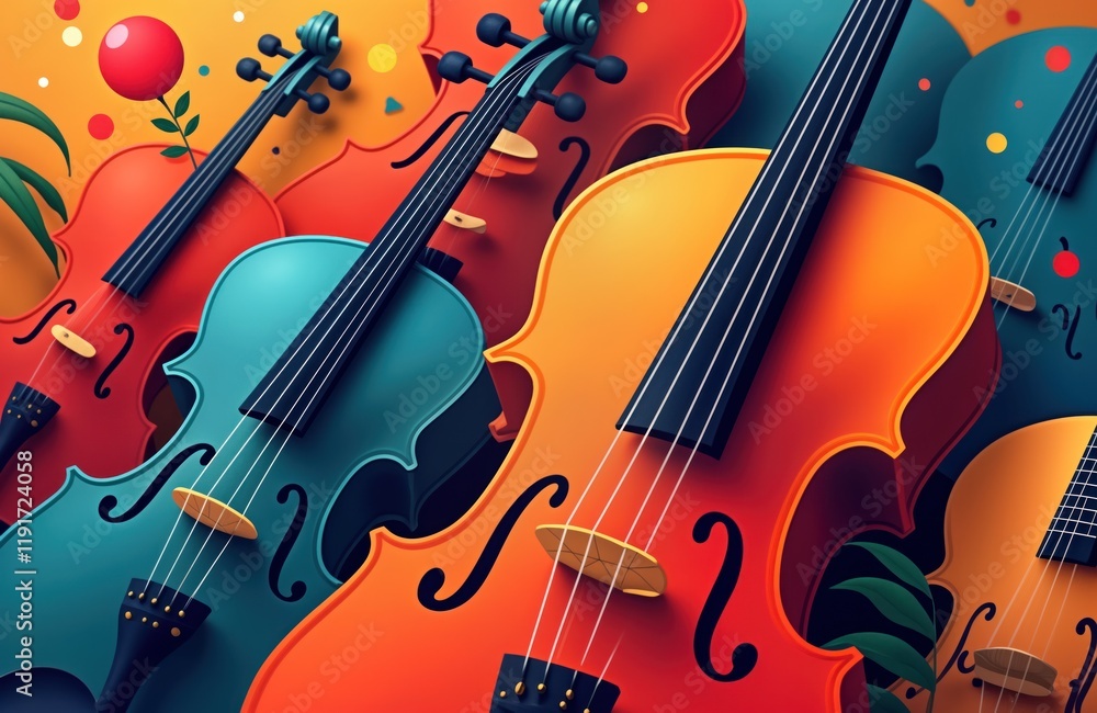 Fototapeta premium Colorful abstract illustration shows musical instruments. Vibrant fiddles, cellos in retro style. Possible concert music festival. Modern design with bright colours. Festive, social event atmosphere.