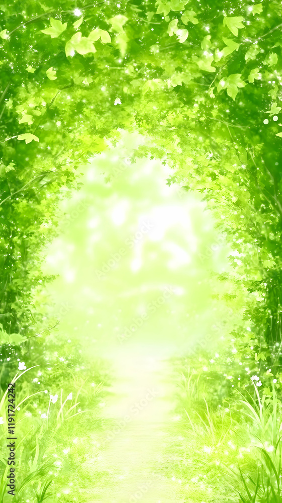 Magical Green Forest Path Leads to a Bright Light Gently Beautifully with Lush Greenery Magical Green Forest Path Leads to a Bright Light Gently Beautifully with Lush Greenery