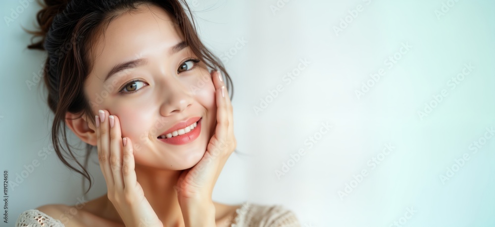 Beautiful young Asian woman with relaxed expression, clear skin. Smiles happily with hands gently touching cheeks. Clean, fresh skin. Great representation of wellness, beauty concepts. Photo could Beautiful young Asian woman with relaxed expression, clear skin. Smiles happily with hands gently touching cheeks. Clean, fresh skin. Great representation of wellness, beauty concepts. Photo could