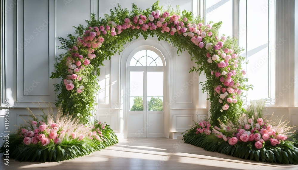 custom made wallpaper toronto digitalGenerated image A large floral arch filled with green and pink flowers in a bright, sunlit room with white 