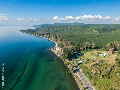 Wallpaper Mural Aerial view of a scenic Lake Taupo shoreline with a highway winding through lush green forests. Tranquil landscape. LAKE TAUPO, TURANGI, WAIKATO, NEW ZEALAND Torontodigital.ca