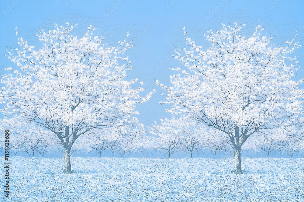 White Blossoming Trees Stand Tall in a Serene Landscape Under a Pale Blue Sky Gently. White Blossoming Trees Stand Tall in a Serene Landscape Under a Pale Blue Sky Gently.