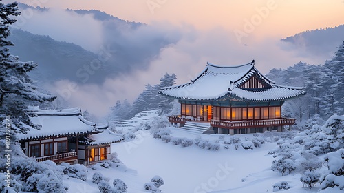 Wallpaper Mural Snowy Mountain Temple Sunrise, East Asia Torontodigital.ca