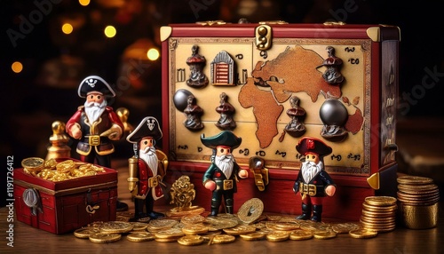 Generated image A pirate-themed advent calendar with tiny pirate figures, treasure maps, and gold coins