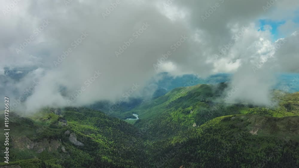 Aerial view of clouds over summer green mountains landscape, Montenegro, 4k Aerial view of clouds over summer green mountains landscape, Montenegro, 4k