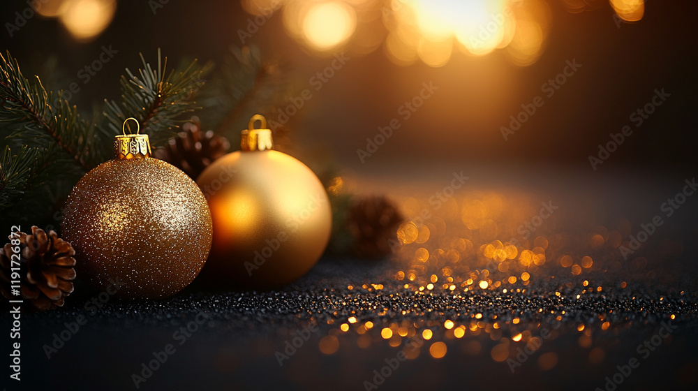 Fototapeta premium Elegant Christmas festive gold ornaments, garland balls, and pine cone tree branches set against a blurred black background with bright light tones and caption space on the side