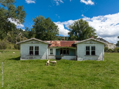 Faded farmhouse in a grassy field, sheep graze nearby. Tranquil rural scene under a partly cloudy sky. OHINGAITI, KIMBOLTON, MANAWATU-WANGANUI, NEW ZEALAND photo