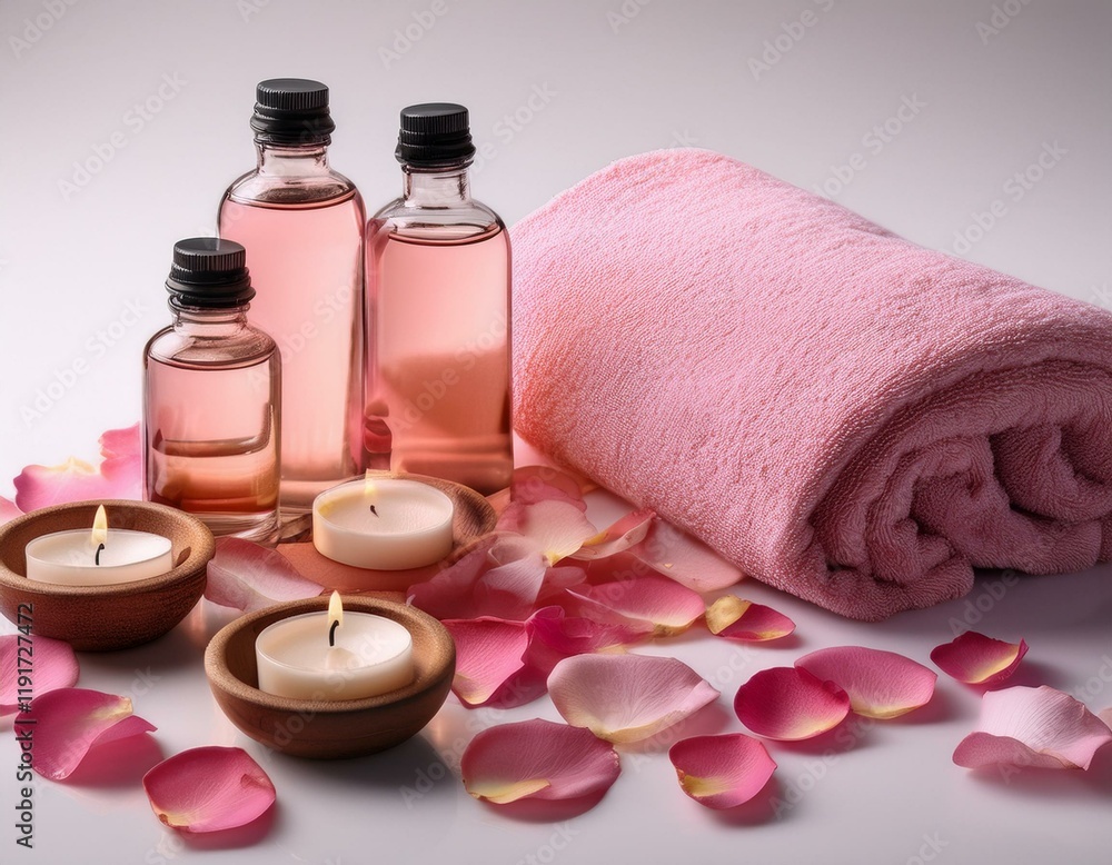 Generated image A spa arrangement featuring a rolled pink towel, candles, essential oil bottles Generated image A spa arrangement featuring a rolled pink towel, candles, essential oil bottles