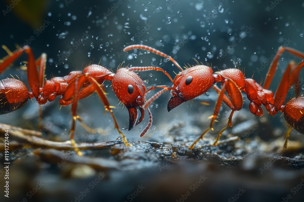 Two red ants face off, rain droplets falling. Two red ants face off, rain droplets falling.