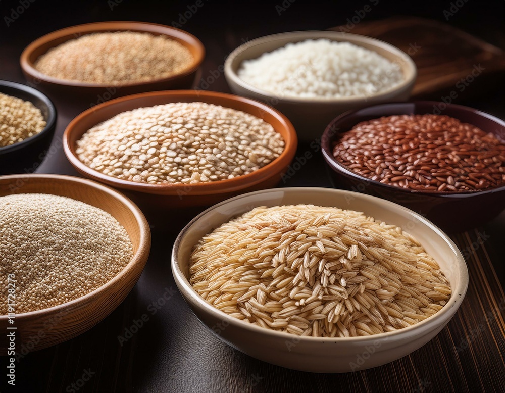 Generated image A variety of whole grains including brown rice, quinoa, oats, and barley arranged in bowls Generated image A variety of whole grains including brown rice, quinoa, oats, and barley arranged in bowls