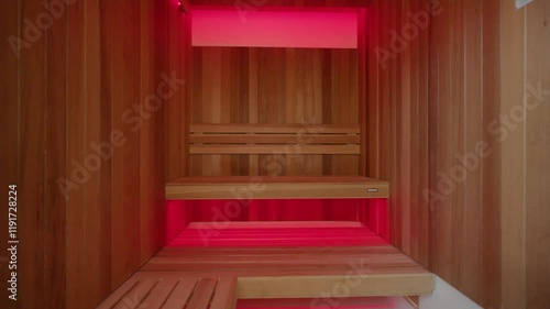 Interior of wooden sauna with benches arranged in tiers. Lighting inside sauna is red creating warm and inviting atmosphere. Walls and benches made of wood