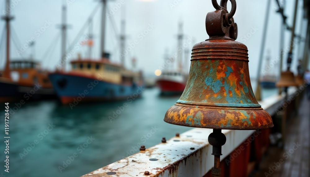 Fototapeta premium Close-up of rusty ship bell on deck. Several boats moored in harbor behind. Cloudy sky suggests maritime setting. Rusty bell with weathered paint. Photo evokes maritime history, nostalgia. Old