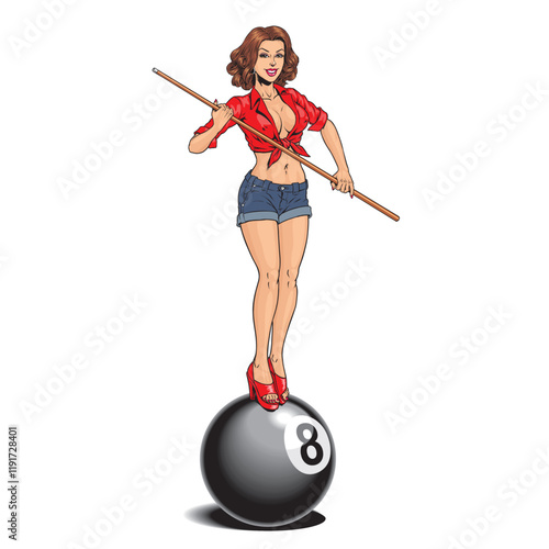 Girl holding billiard cue and balancing on a big 8 ball, isolated on white background. Pool or snooker player print or poster design. Vector illustration.	
