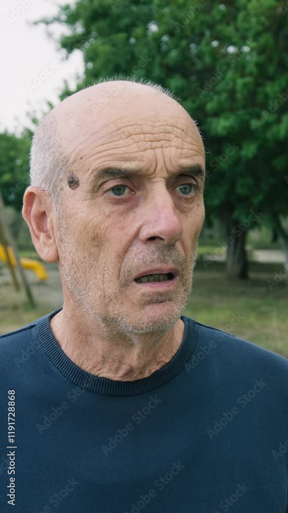 Bald Senior Man In Nature Park Looks In Shock Near Trees Outdoor Bald Senior Man In Nature Park Looks In Shock Near Trees Outdoor