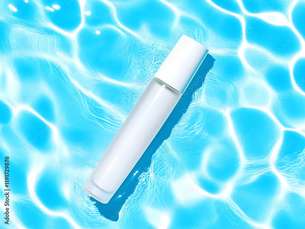 White cosmetic bottle floats gently in a vibrant blue pool, casting a subtle shadow in the rippling water.