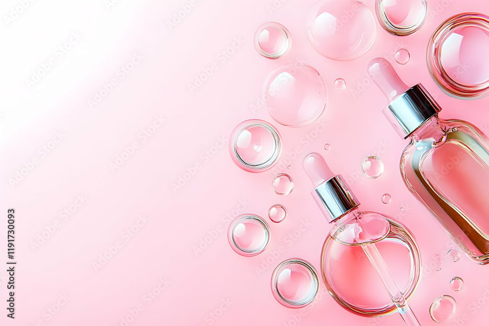 Pink Cosmetic Bottles and Droppers on a Pink Background with Bubbles Beautifully Arranged Pink Cosmetic Bottles and Droppers on a Pink Background with Bubbles Beautifully Arranged
