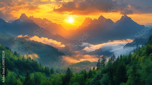 Sunset over misty mountain valley, scenic landscape, travel poster