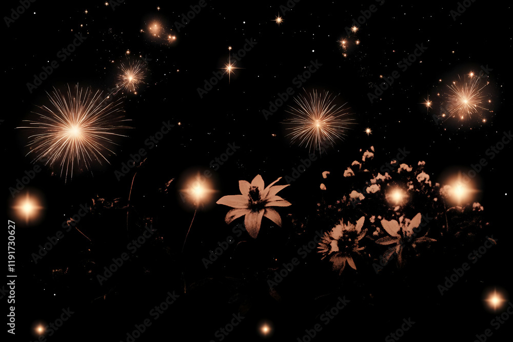 Fireworks Explode Above Silhouetted Flowers in Night Sky, Creating Dreamlike Scenery. Fireworks Explode Above Silhouetted Flowers in Night Sky, Creating Dreamlike Scenery.
