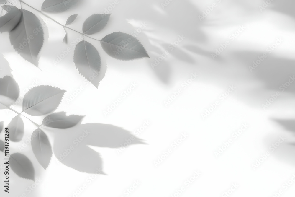 Delicate Branch with Leaves Creates Subtle Shadows on a White Surface, a Serene Minimalist Composition.