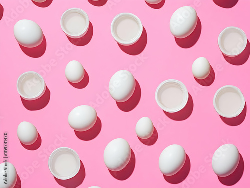 White Eggs and Open Container Lids Arranged on a Pink Background, Creating a Patterned Composition photo