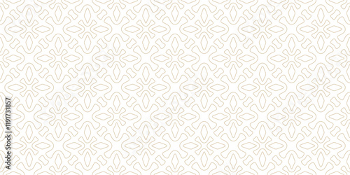 Linear vector geometric seamless pattern. Abstract golden ornamental texture with flower silhouettes, leaves, crosses, outline shapes. Simple luxury gold and white background. Repeating geo design
