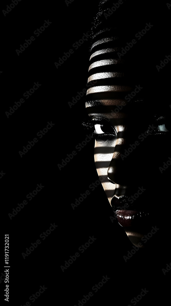 Striking Portrait: Woman's Face Illuminated by Dramatic Shadow Lines in Low-Key Lighting Striking Portrait: Woman's Face Illuminated by Dramatic Shadow Lines in Low-Key Lighting