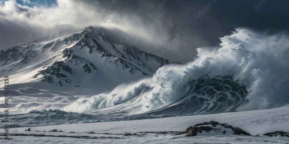 Powerful ocean wave crashing against icy shores under dramatic mountain backdrop in polar region Powerful ocean wave crashing against icy shores under dramatic mountain backdrop in polar region