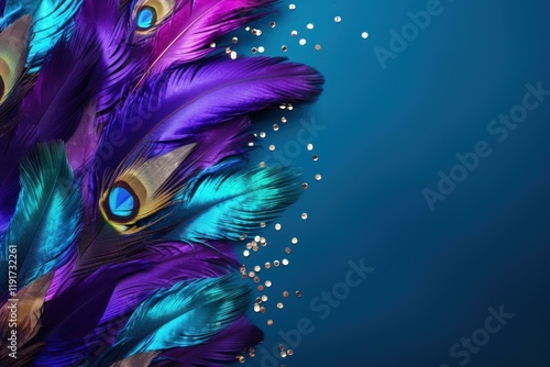 Colorful peacock feathers and glitter on blue background creating vibrant party atmosphere