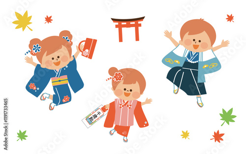 日本の七五三　日本の着物を着た子供たち　かわいいイラスト