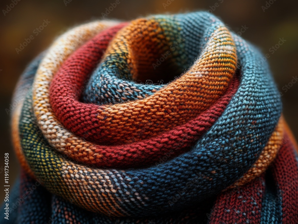 Fototapeta premium A close-up of a soft, intricately woven scarf with a mesmerizing swirl of colors, including deep reds, oranges, blues, and hints of yellow.