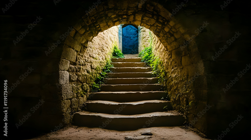 Naklejka premium Stone Staircase Ascends Towards Light in Ancient Archway Tunnel Deep Within Earth's Embrace