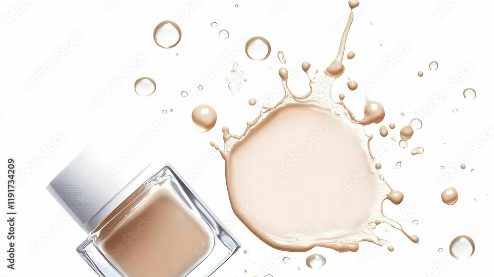 Beige Liquid Foundation Splash with Water Drops and a Glass Bottle on White Background Beige Liquid Foundation Splash with Water Drops and a Glass Bottle on White Background