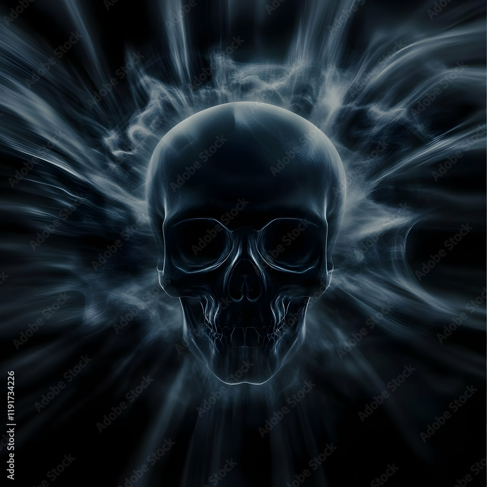 Dark Skull with Abstract Smoke Background Creates a Mysterious and Spooky Atmosphere Dark Skull with Abstract Smoke Background Creates a Mysterious and Spooky Atmosphere