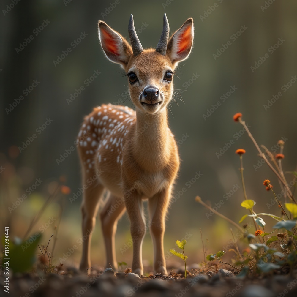 Fototapeta premium Little Deer Eating Wildlife Standing Animal