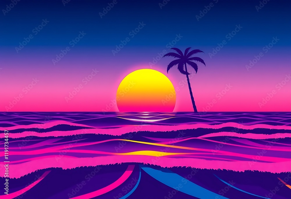 Naklejka premium Vibrant Neon Sunset Ocean Scene Palm Tree Silhouette