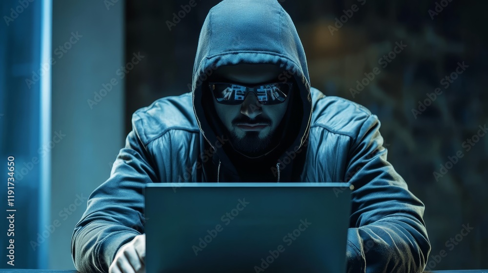 Man in hoodie immersed in laptop, a glimpse into modern digital life and online connectivity Man in hoodie immersed in laptop, a glimpse into modern digital life and online connectivity