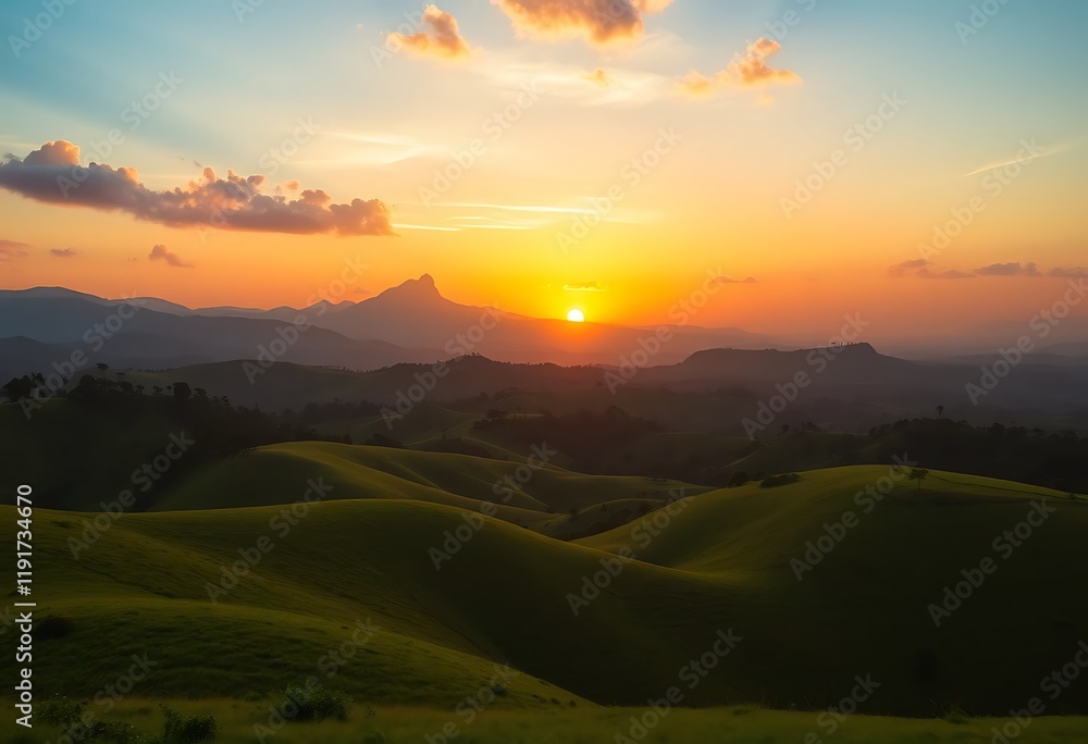 Obraz premium Golden Sunset Over Rolling Green Hills Mountain Landscape