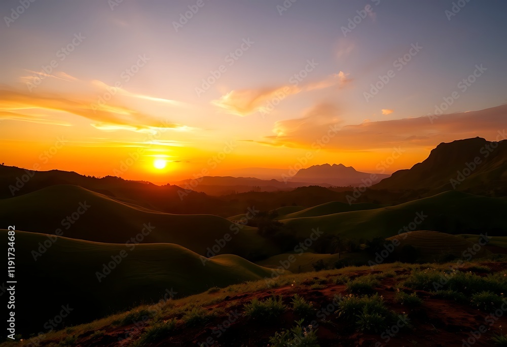 Obraz premium Golden Sunset Rolling Hills Landscape Dramatic Sky View