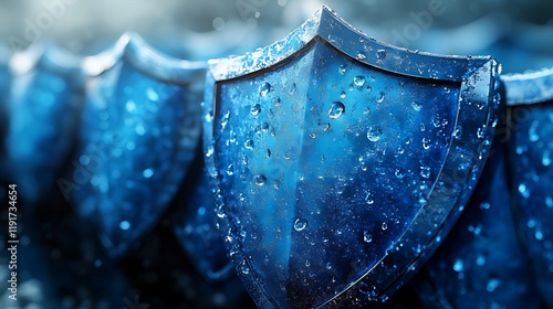 Blue shields, water droplets, security, row, background, protection, concept, digital