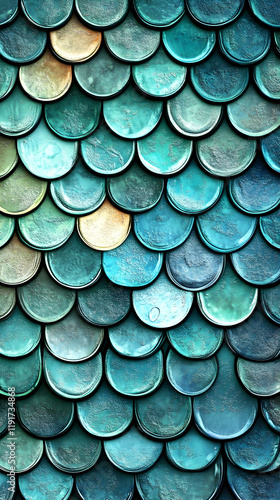 Wallpaper Mural Turquoise and gold scales pattern creates a textured and shimmering visual effect, forming an abstract background. Torontodigital.ca