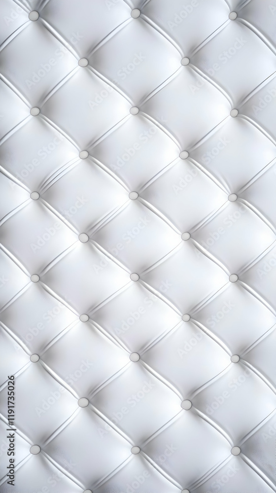 White Leather Upholstery Forms a Diamond Pattern with Decorative Buttons, Creating a Luxurious Texture. White Leather Upholstery Forms a Diamond Pattern with Decorative Buttons, Creating a Luxurious Texture.